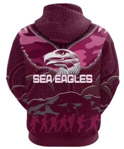 Manly Warringah Sea Eagles Custom Text Anzac Day Zip Up Hoodie Red 3