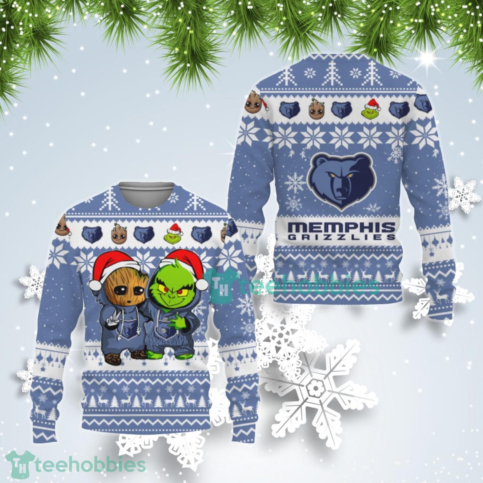 Memphis Grizzlies Blue White Baby Groot And Grinch Best Friends Ugly Christmas Sweater