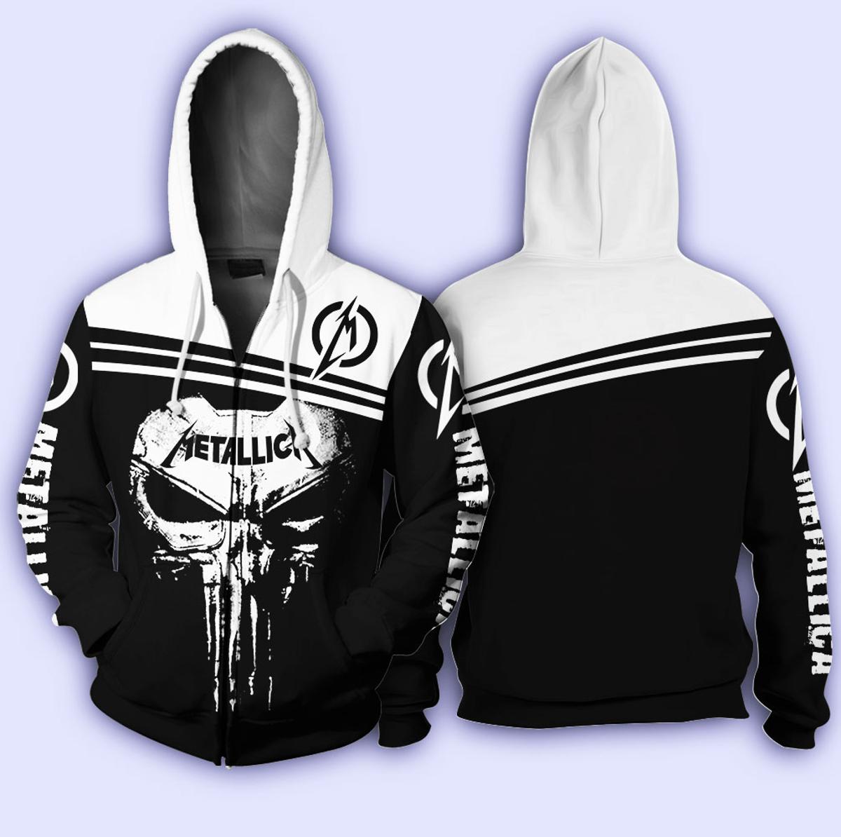 Metallica Black N’ White Skull Zip Hoodie Gift