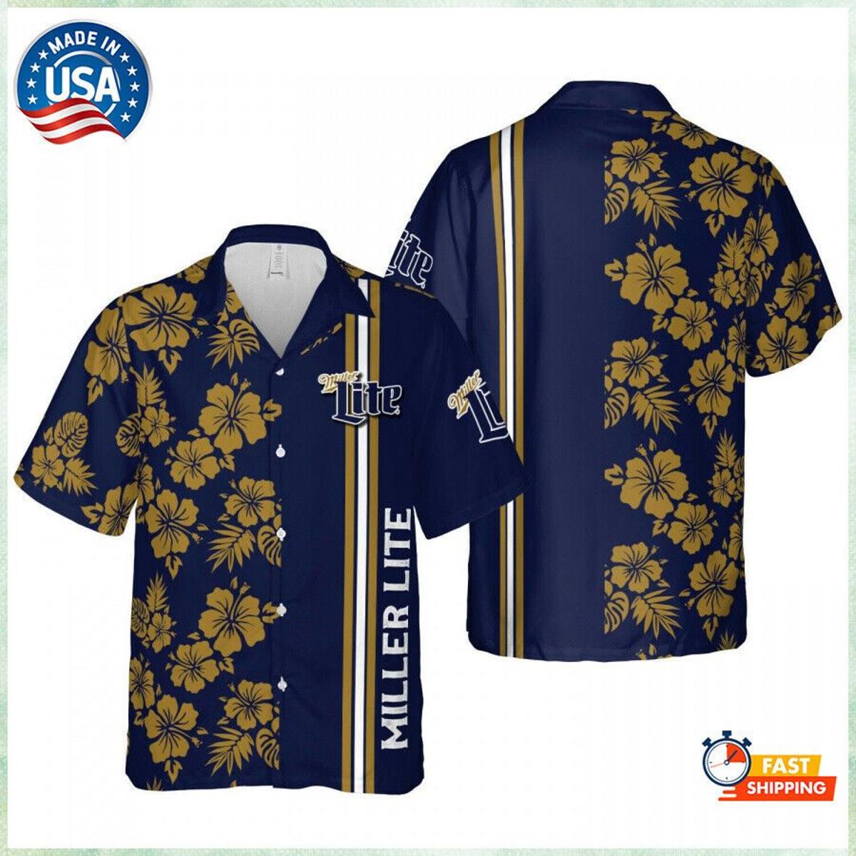 Miller Lite Tropical Floral Drak Blue Hawaiian Shirt Best Gifts Idea