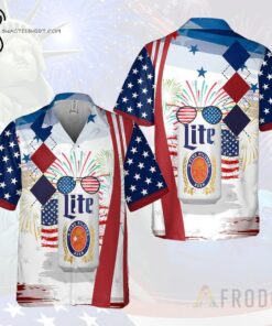 Miller Lite Usa Flag Fireworks Independence Day Hawaiian Shirt