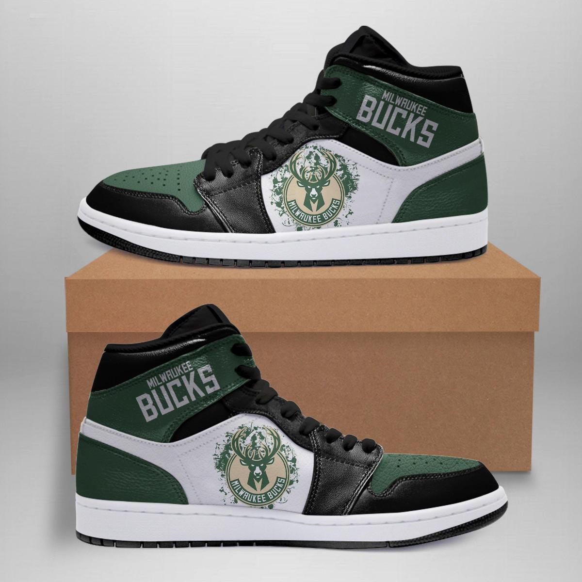 Milwaukee Bucks Green Black Scratch Air Jordan 1 High Sneakers For Fans