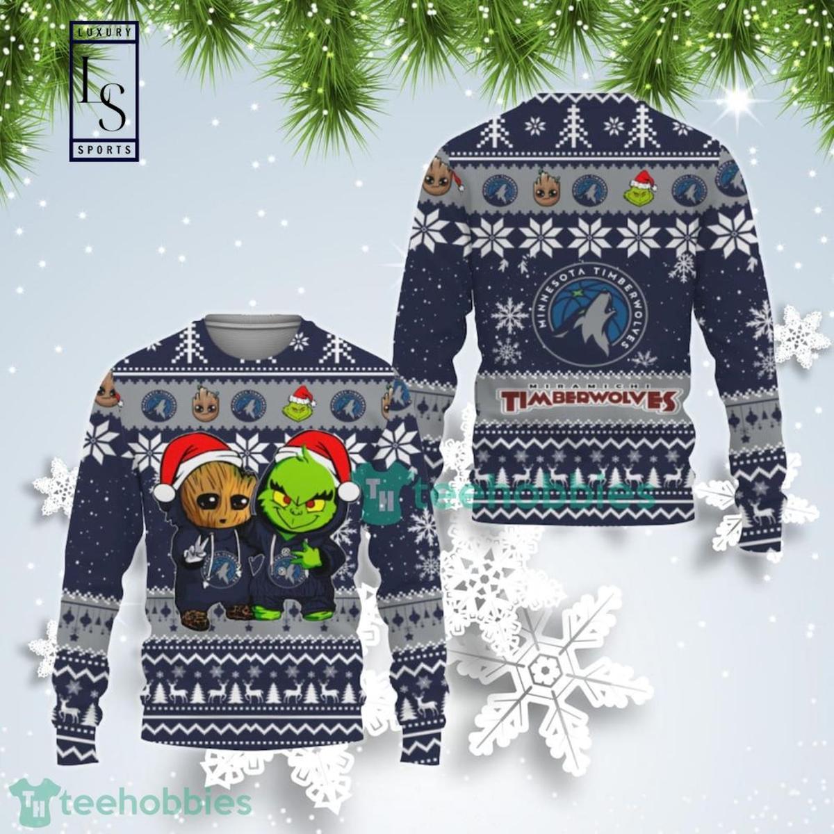 Minnesota Timberwolves Baby Groot And Grinch Ugly Christmas Sweater Gift