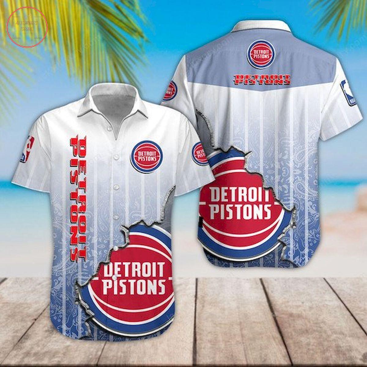 Nba Detroit Pistons Hibicus Leaves Patterns Tropical Aloha Shirt Size From S To 5xl