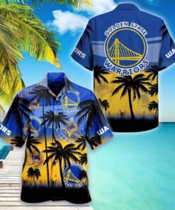 Nba Golden State Warriors Blue Yellow Coconut Trees Vintage Hawaiian Shirt Gift For Fans