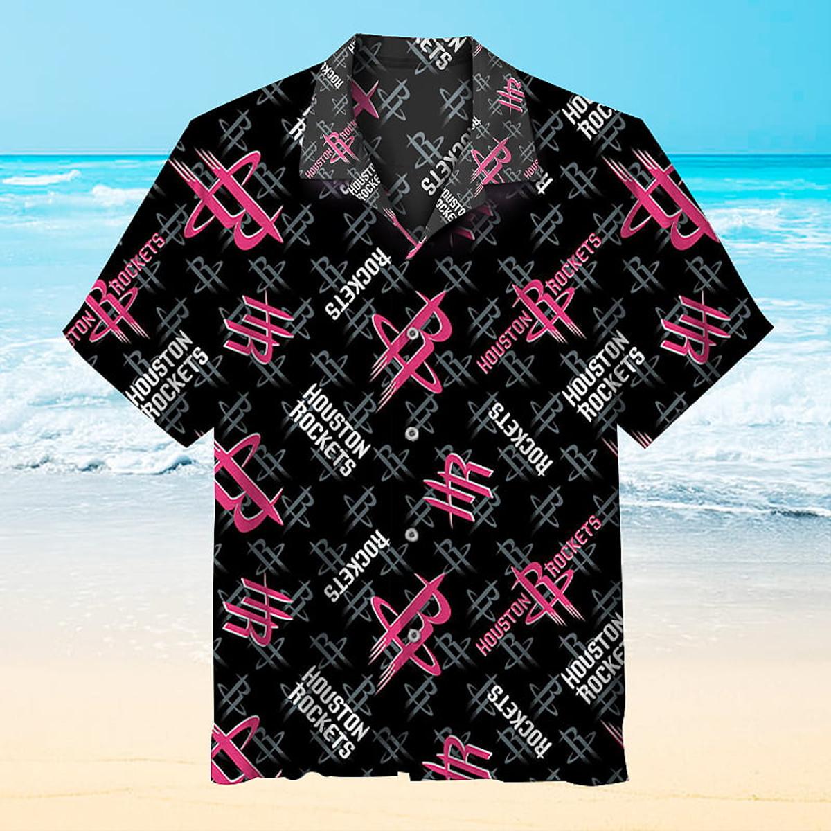 Nba Houston Rockets Black Multi Logo Vintage Black Hawaiian Shirt For Nba Basketball Fans