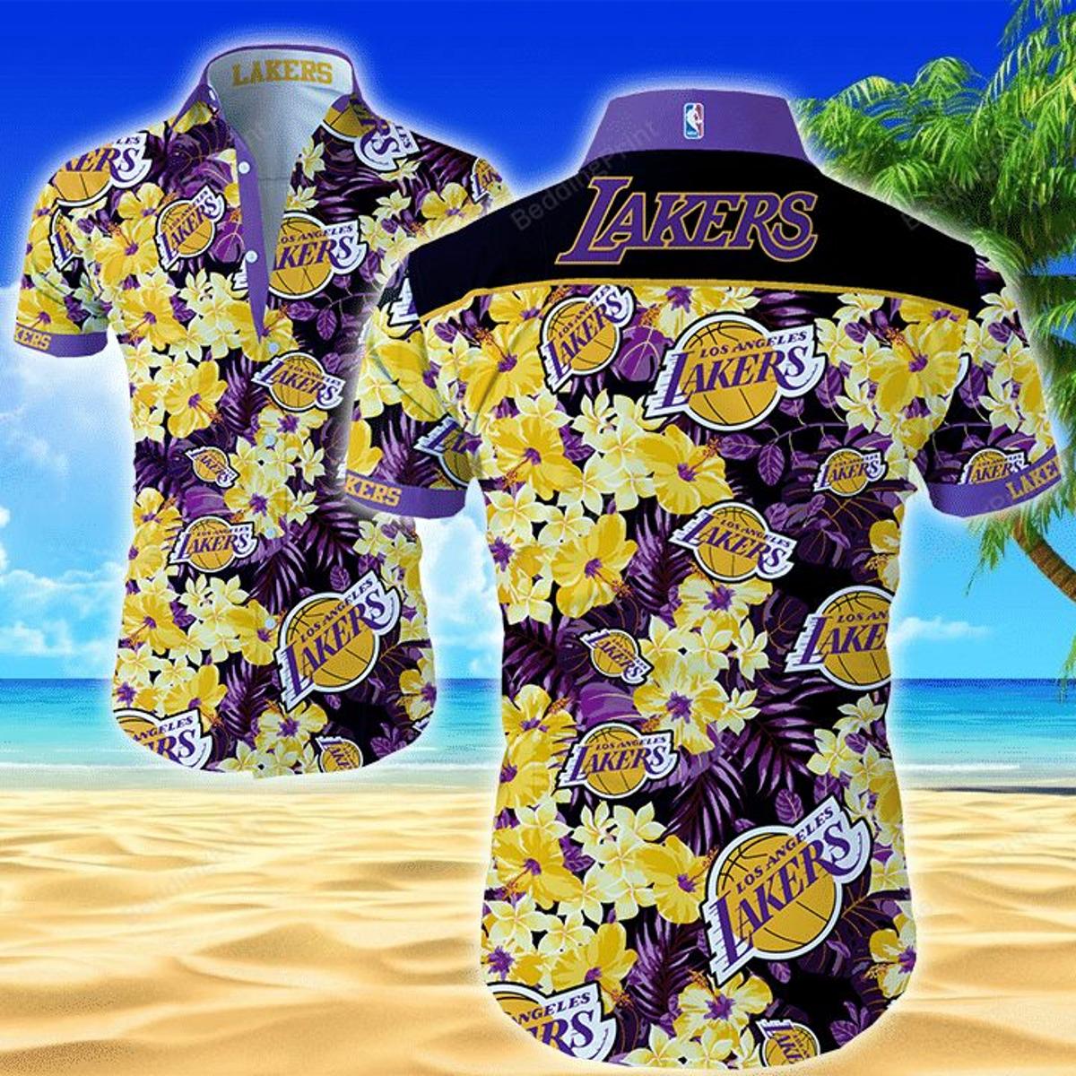 Nba Los Angeles Lakers Leaves Patterns Tropical Aloha Shirt Size From S To 5xl