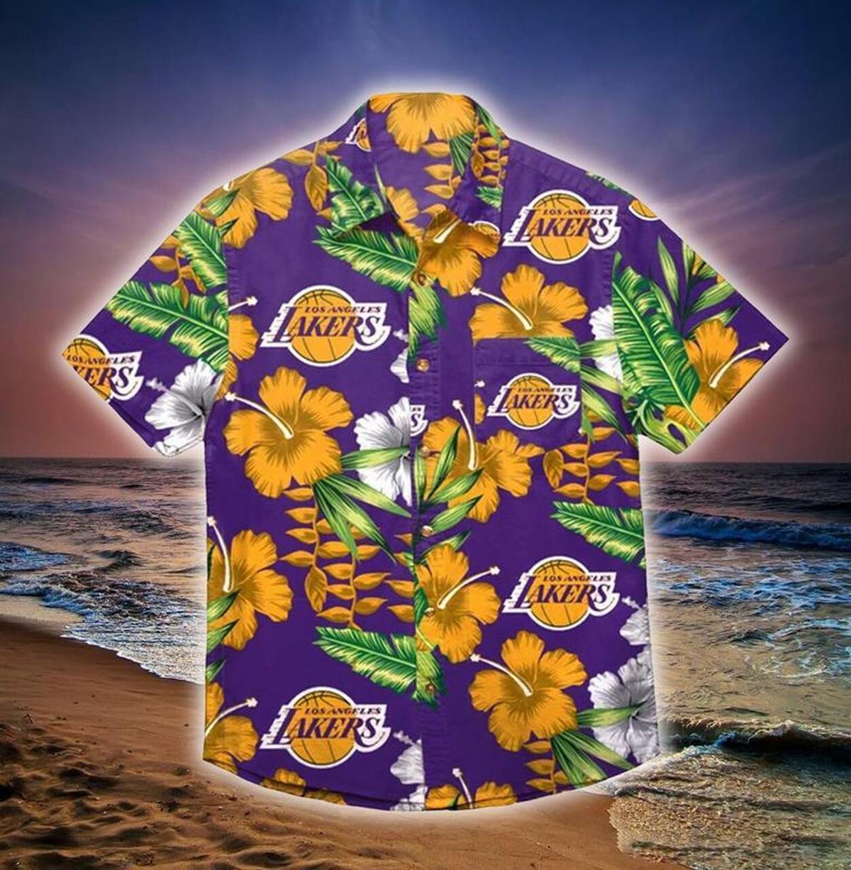 Nba Los Angeles Lakers Golden Hibiscus Floral Hawaiian Shirt Outfit For Fans