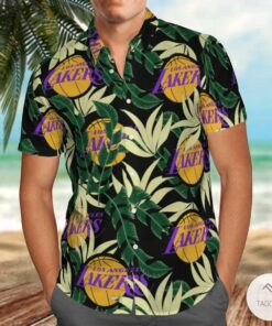 Nba Los Angeles Lakers Leaves Patterns Tropical Aloha Shirt Size From S To 5xl