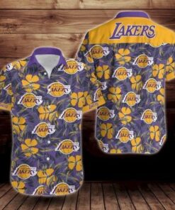 Nba Los Angeles Lakers Multi Logo Purple Yellow Aloha Shirt For Fan Women Man