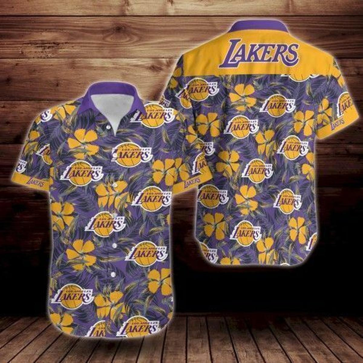 Nba Los Angeles Lakers Logo Purple Yellow Tropical Hawaiian Shirt Size From S To 5xl