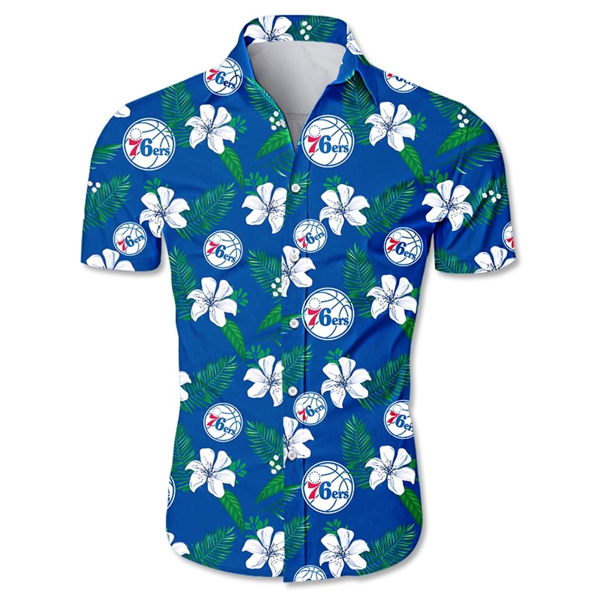 Nba Philadelphia 76ers Hibicus Patterns White Blue Aloha Shirt Size From S To 5xl