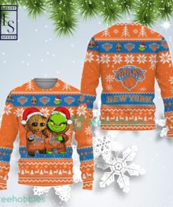 New York Knicks Orange Blue Baby Yoda And Grinch Best Friends Funny Christmas Sweater