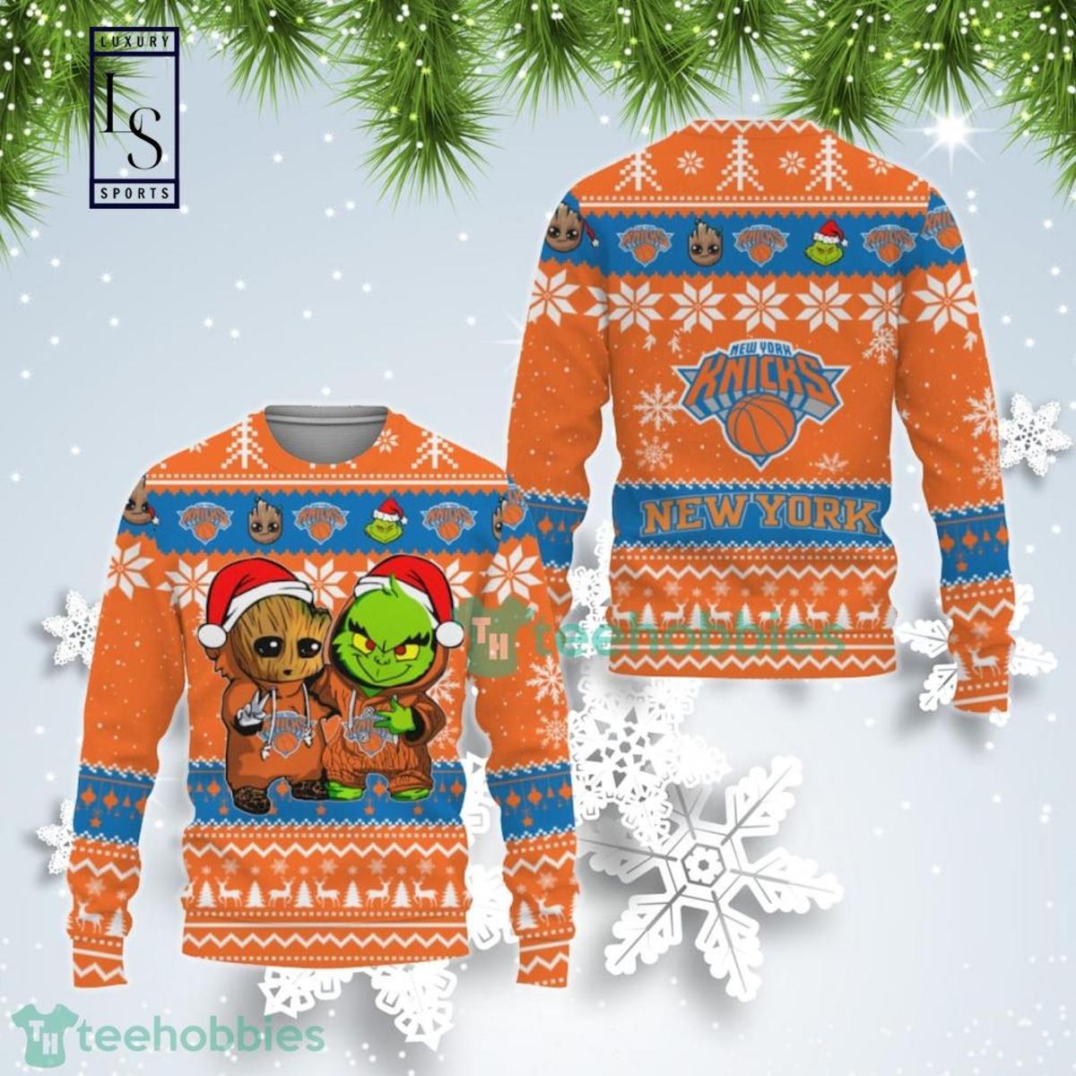 New York Knicks Orange Blue Baby Yoda And Grinch Best Friends Funny Christmas Sweater