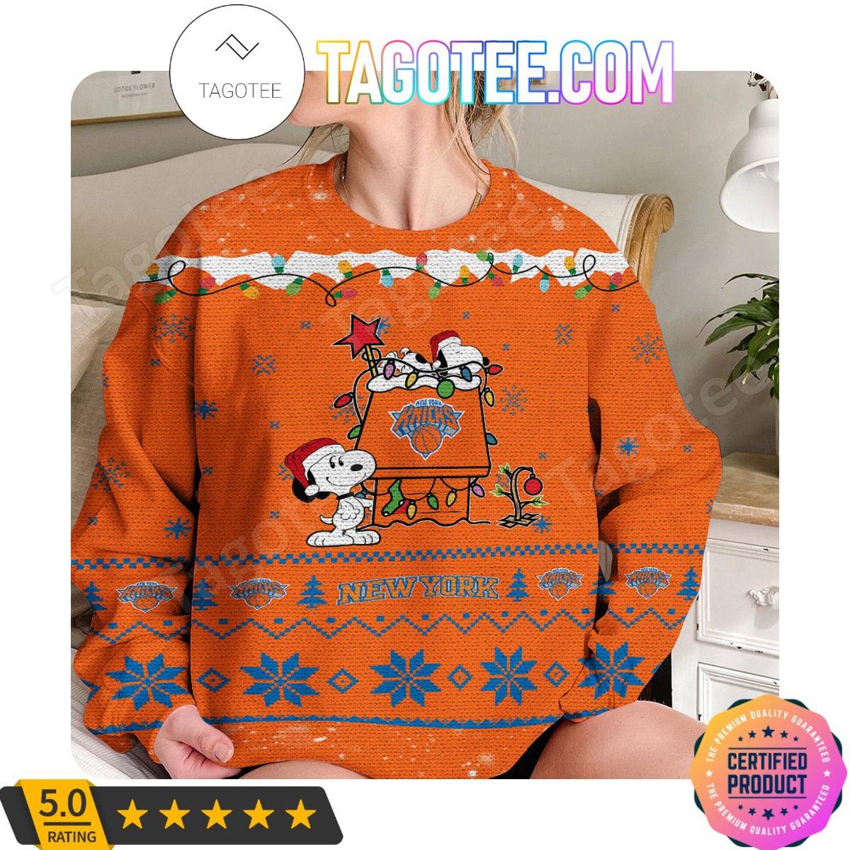 New York Knicks Orange Snoopy Lie On Dog House Ugly Christmas Sweater Gift