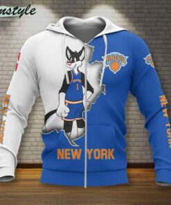 New York Knicks White Blue Masoct Scratch Zip Hoodie Best Gift For Fans