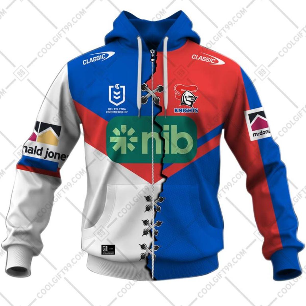 Newcastle Knights Custom Name Number Mix Jersey Zip Hoodie For Fans