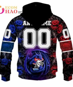 Newcastle Knights Custom Name Number Rose Dragon Zip Hoodie Gift For Fans