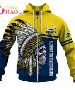 North Queensland Cowboys Custom Name Number Native Skull Zip Up Hoodie Gifts For Lovers 1