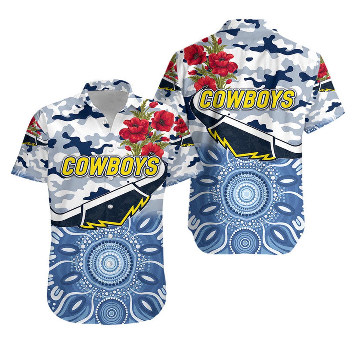 Nrl North Queensland Cowboys Anzac Day Camo Patterns Vintage Hawaiian Shirt Size From S To 5xl