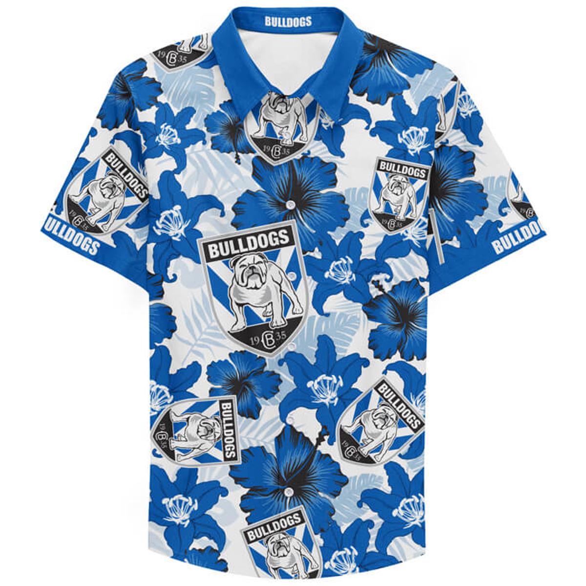 Nrl Canterbury-bankstown Bulldogs Hibicus Leaves White Blue Hawaiian Shirt Gift For Fans