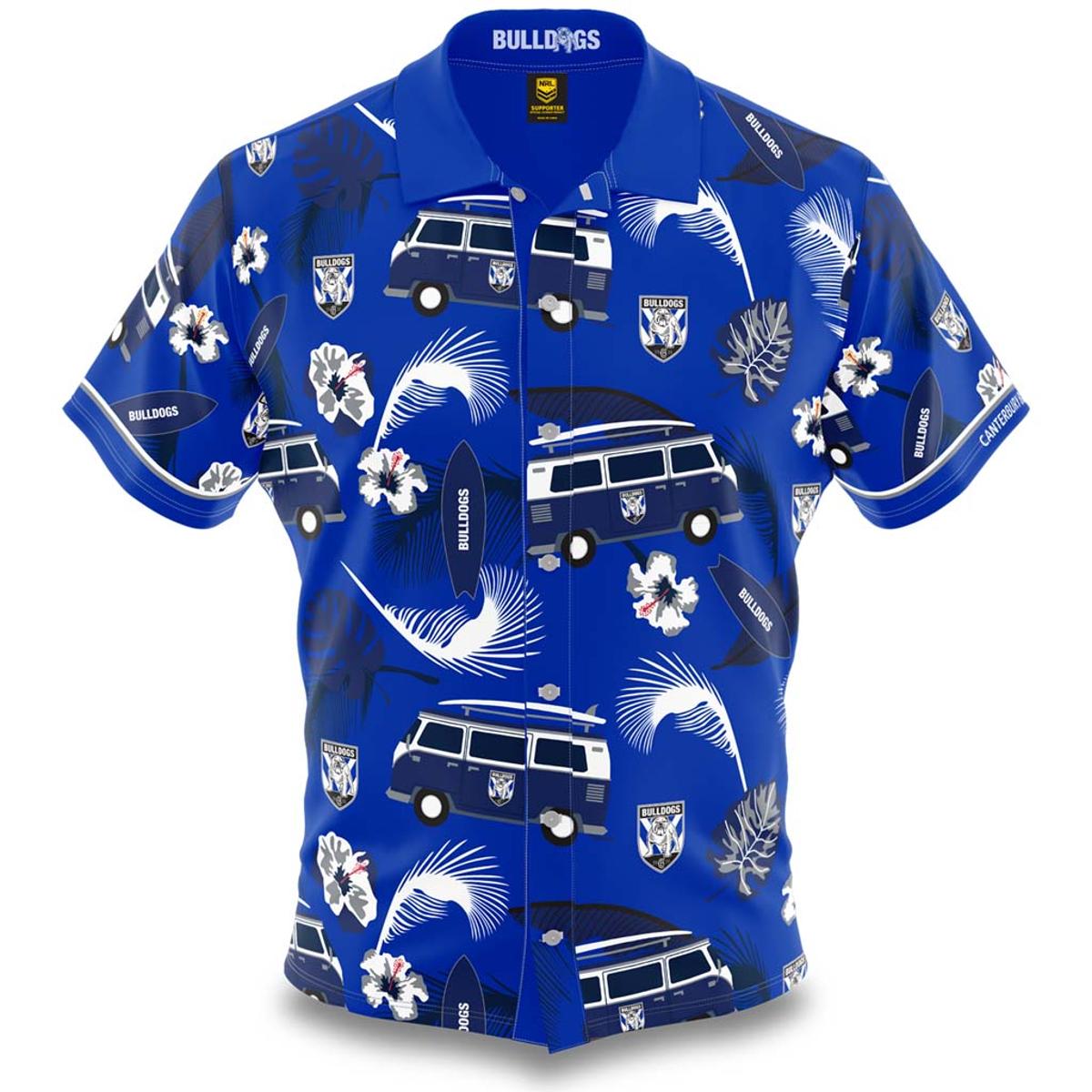 Nrl Canterbury-bankstown Bulldogs Blue Yellow Lily Hibicus Patterns Custom Text Hawaiian Shirt