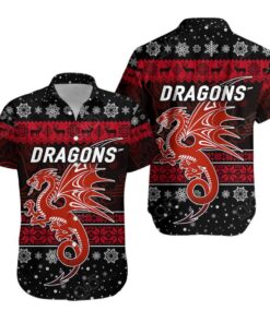 Nrl St. George Illawarra Dragons Christmas Design Black Aloha Shirt Size From S To 5xl