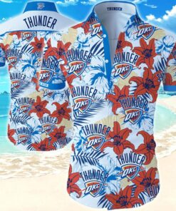 Oklahoma City Thunder Logo Hibiscus Flowers Aloha Shirt Best Hawaiian Outfit For Nba Fans