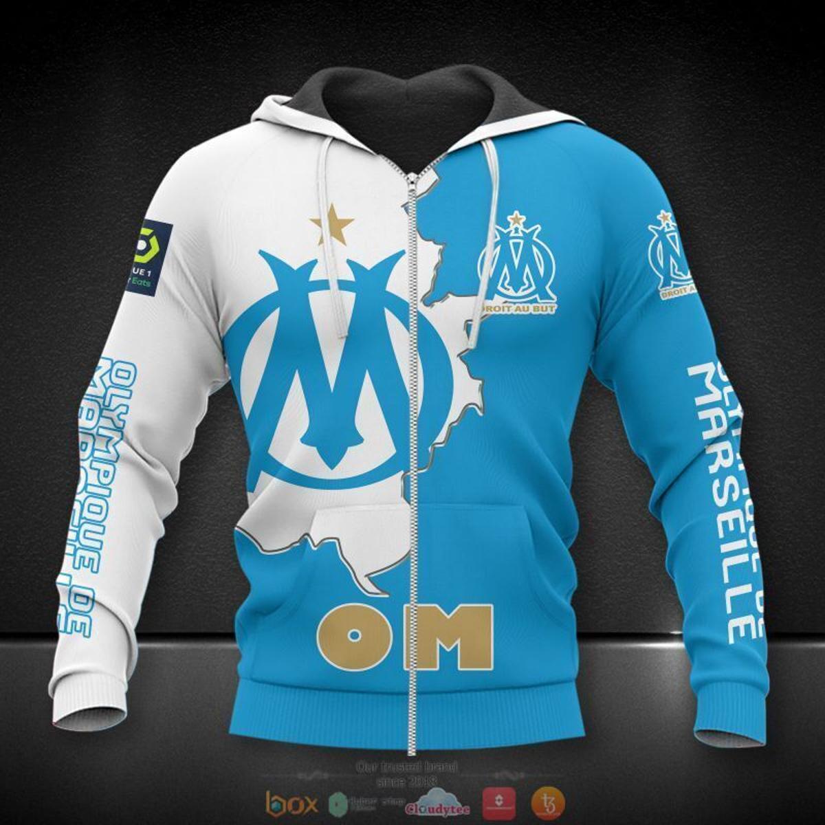 Olympique De Marseille White Blue Zip Hoodie Gift For Fans