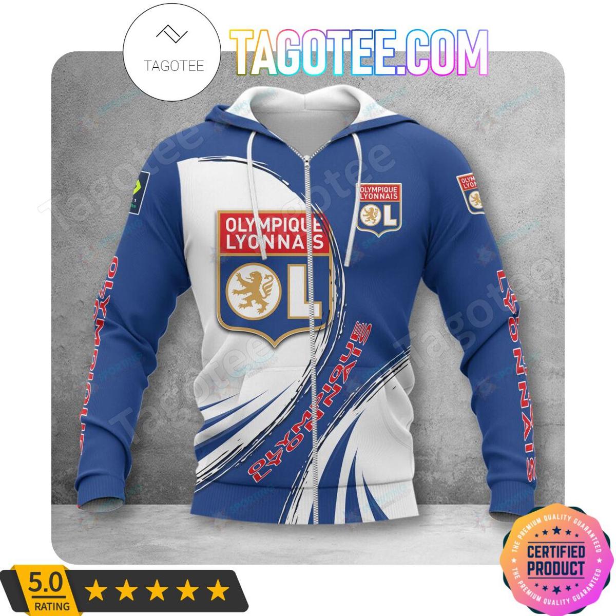 Olympique Lyon White Blue Zip Hoodie Gifts For Lovers