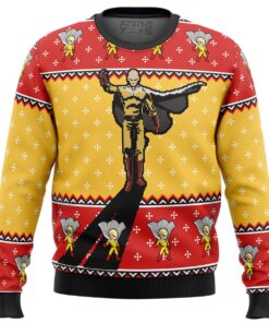 One Punch Man Saitama Pixel Art Style Yellow Red Ugly Christmas Sweater Funny Gift For Fans