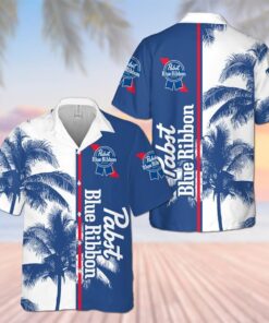 Pabst Blue Ribbon Coconut Trees White Blue Hawaiian Shirt Best Outfit For Fans