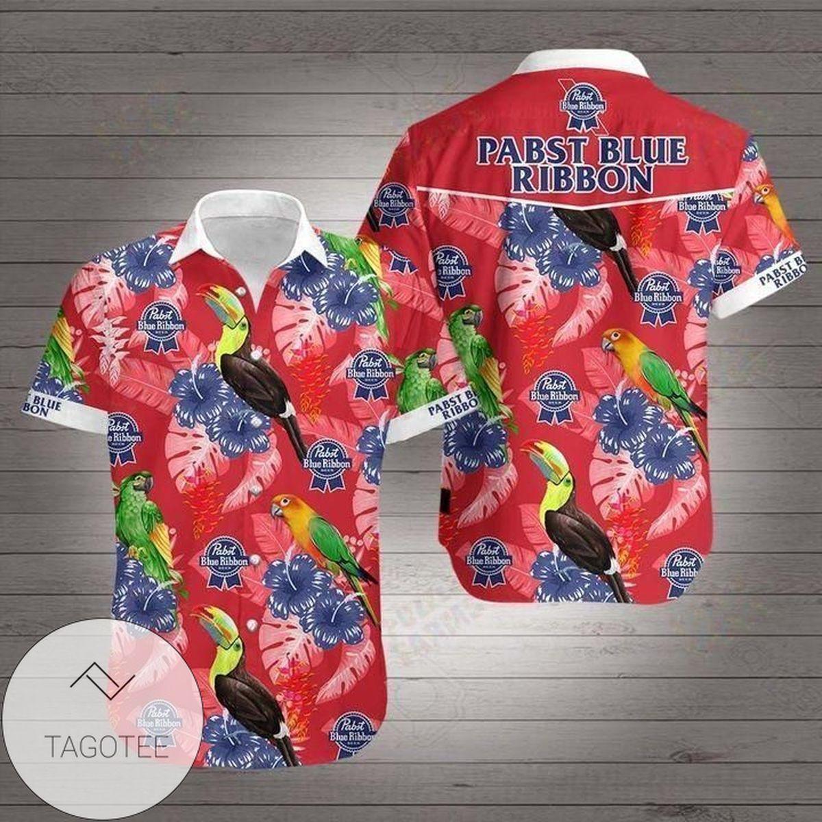 Pabst Blue Ribbon Coconut Trees White Blue Hawaiian Shirt Best Outfit For Fans