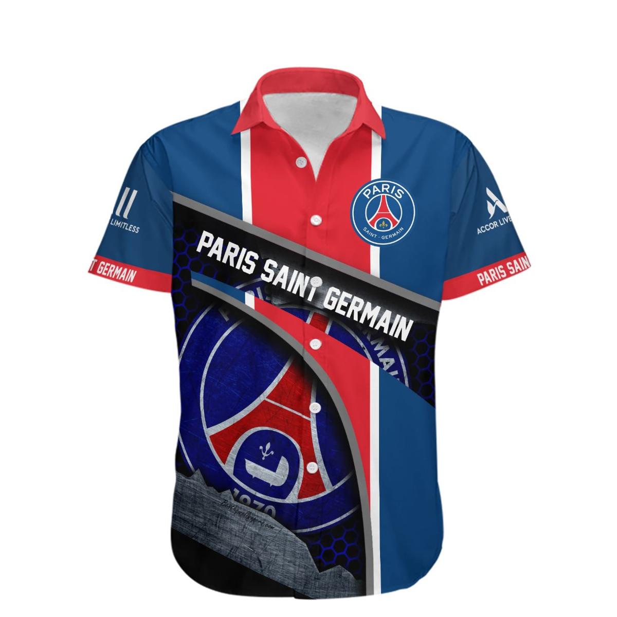 Paris Saint-germain Fc Blue White Leaves Patterns Tropical Hawaiian Shirt