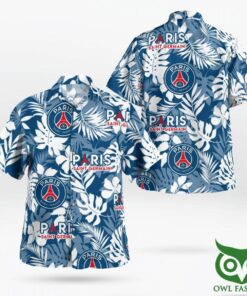 Paris Saint-germain Fc Blue White Leaves Patterns Tropical Hawaiian Shirt