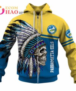 Parramatta Eels Custom Name Number Native Skull Zip Hoodie Gifts For Lovers