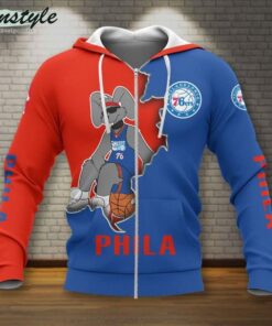 Philadelphia 76ers Blue Red Mascot Scratch Zip Hoodie Funny Gift For Fans