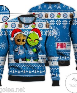 Philadelphia 76ers Blue White Baby Groot And Grinch Best Friends Ugly Christmas Sweater