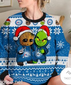 Philadelphia 76ers Blue White Baby Groot And Grinch Best Friends Ugly Christmas Sweater