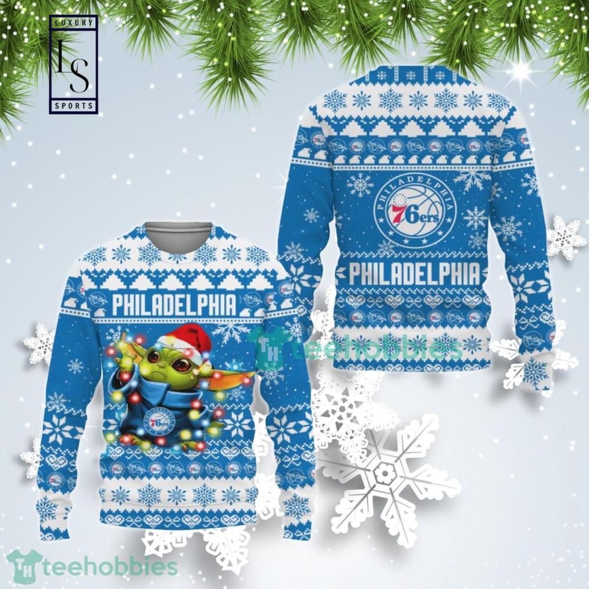 Philadelphia 76ers Blue White Baby Yoda Best Funny Christmas Sweater