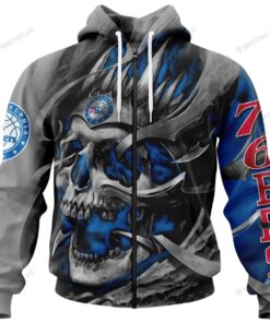 Philadelphia 76ers Custom Name Number Gray Blue Skull Zip Hoodie Gift For Fans