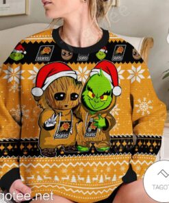 Phoenix Suns Yellow Black Baby Groot And Grinch Are Best Friends Funny Christmas Sweater 3