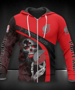 Portland Trail Blazers Red Black Fire Skull Zip Hoodie For Fans