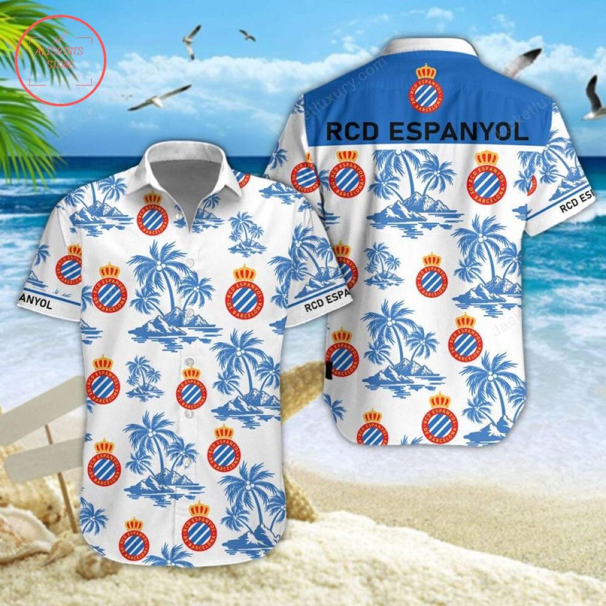 Rcd Espanyol Coconut Patterns White Red Tropical Aloha Shirt For La Liga Fans