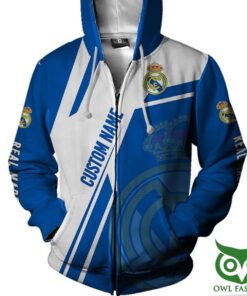 Real Madrid Custom Name Blue White Logo Zip Up Hoodie Best Gift For Fans