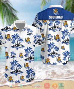 Real Sociedad Logo Patterns White Blue Tropical Hawaiian Shirt Best Gift For Fans