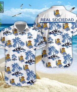 Real Sociedad Logo Patterns White Blue Tropical Hawaiian Shirt Best Gift For Fans