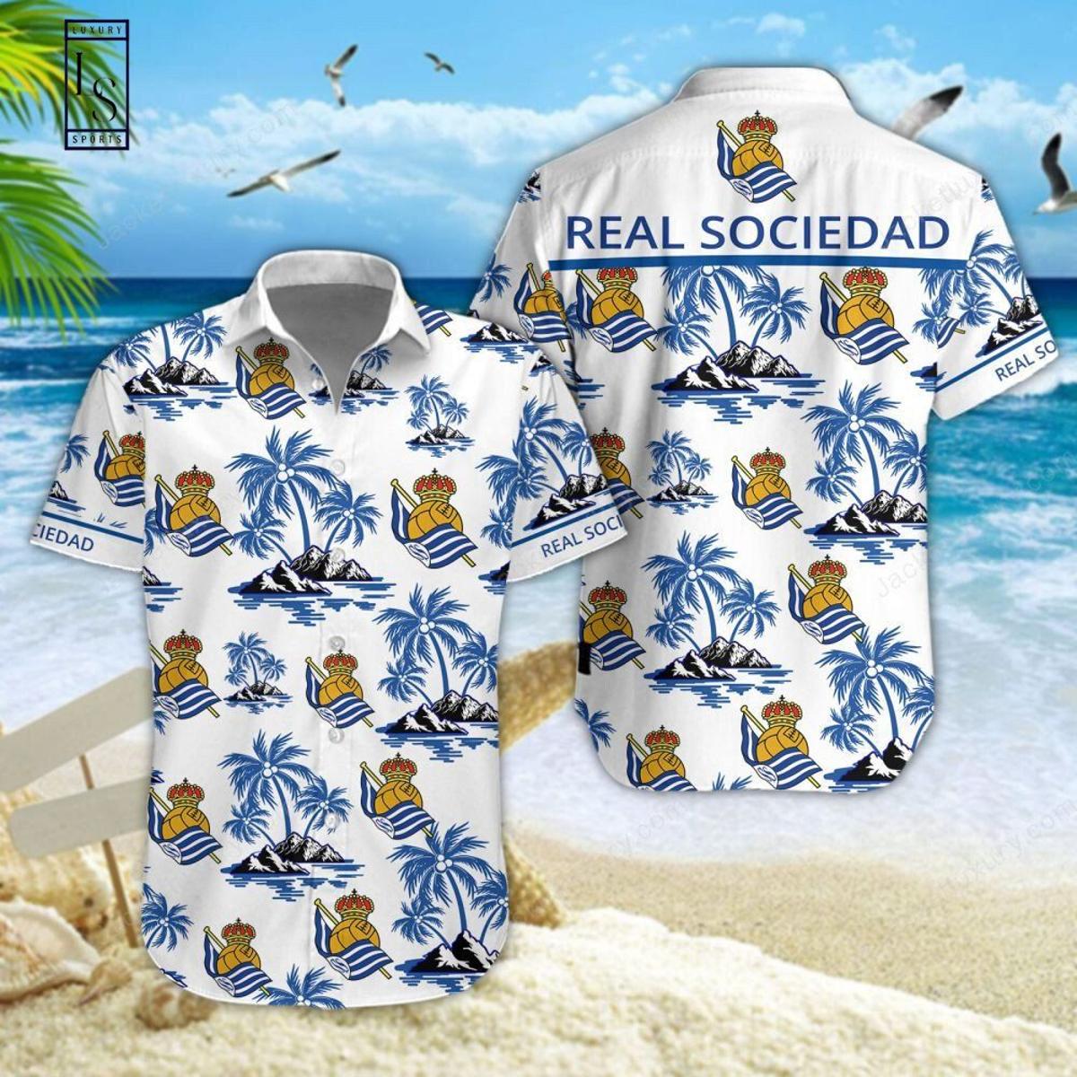 Real Sociedad Logo Patterns White Blue Tropical Hawaiian Shirt Best Gift For Fans