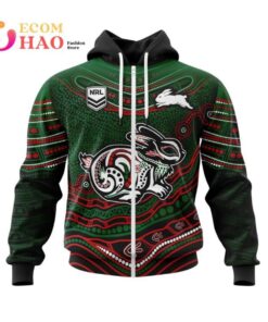South Sydney Rabbitohs Custom Name Number Indigenous Mascot Zip Up Hoodie Best Gift 1