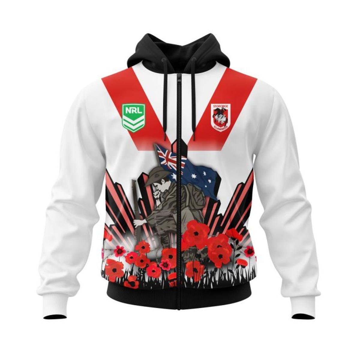 St. George Illawarra Dragons Custom Name Number 2023 Anzac Day Zip Hoodie